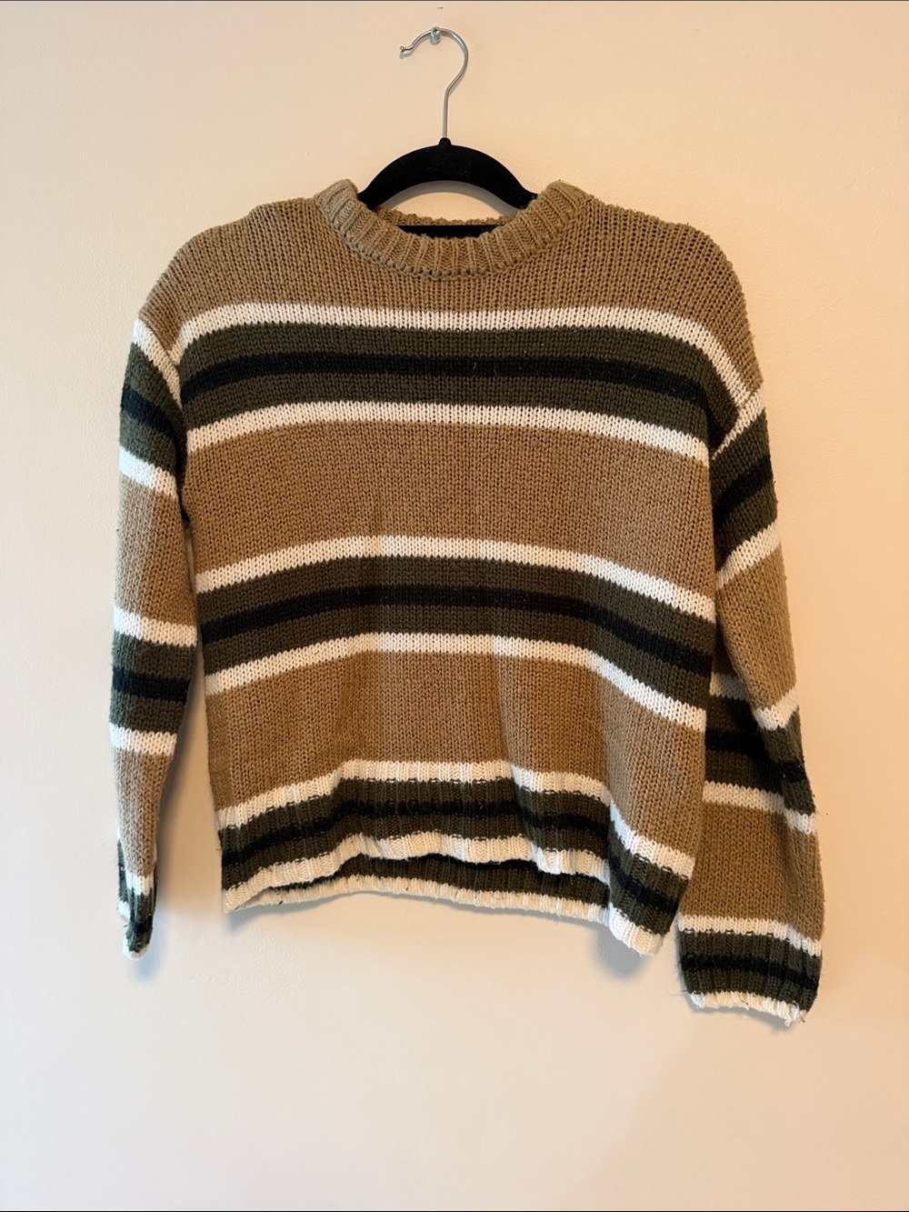 Striped Crewneck Sweater in Tan and Olive